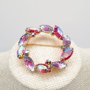 Vintage Aurora Borealis Wreath Gold Tone Brooch